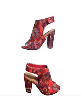 Bamboo Red Floral High Heels with Ankle Strap 5.5 Embroidered Colorful Handmade